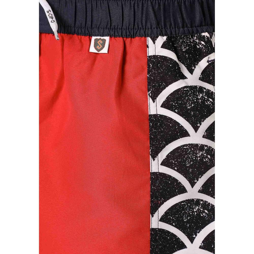 Scipo Mens Shorts Red With Black and White Design Close Up View
