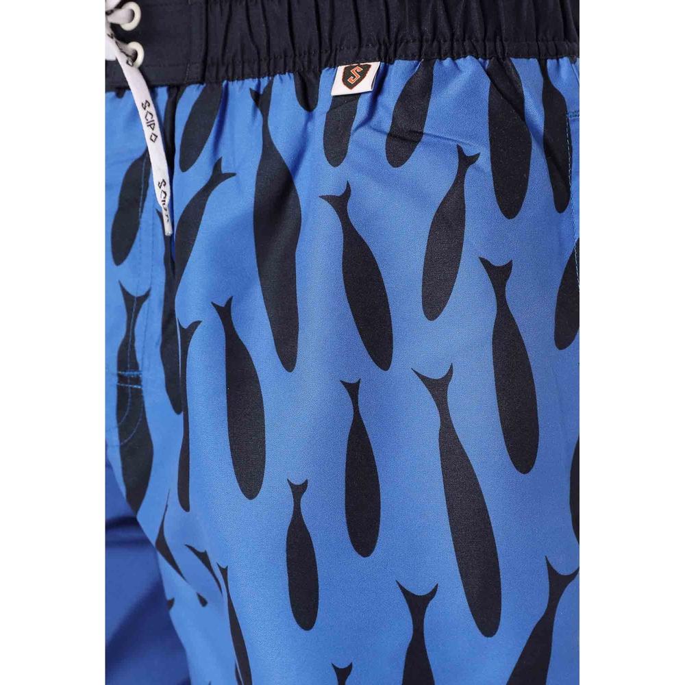 Scipo Mens Shorts Blue With Black Design Close Up View